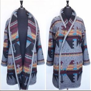 Wool Blend Cardigan Coat In Southwestern Print Yellow Orange Merlot And Blue